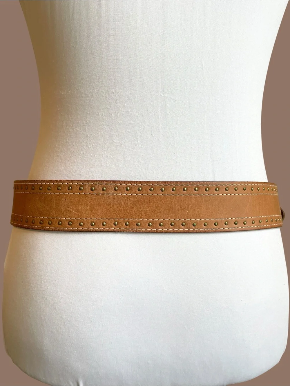Wide Brown Leather Belt with Square Brass Buckle 90s Size S/M